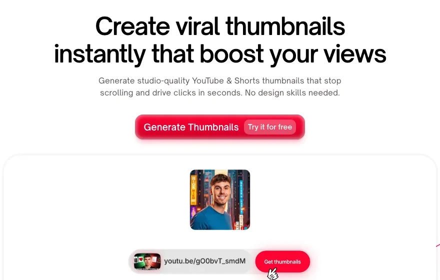 Thumbmagic's homepage, where a YouTube link is pasted to get thumbnails generated from the video