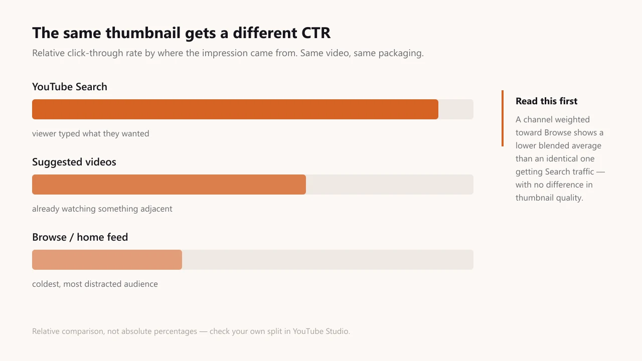 Bar chart comparing relative click-through rate by traffic source: YouTube Search highest because the viewer typed what they wanted, suggested videos lower, and the Browse home feed lowest as the coldest audience — the same video and thumbnail in all three cases