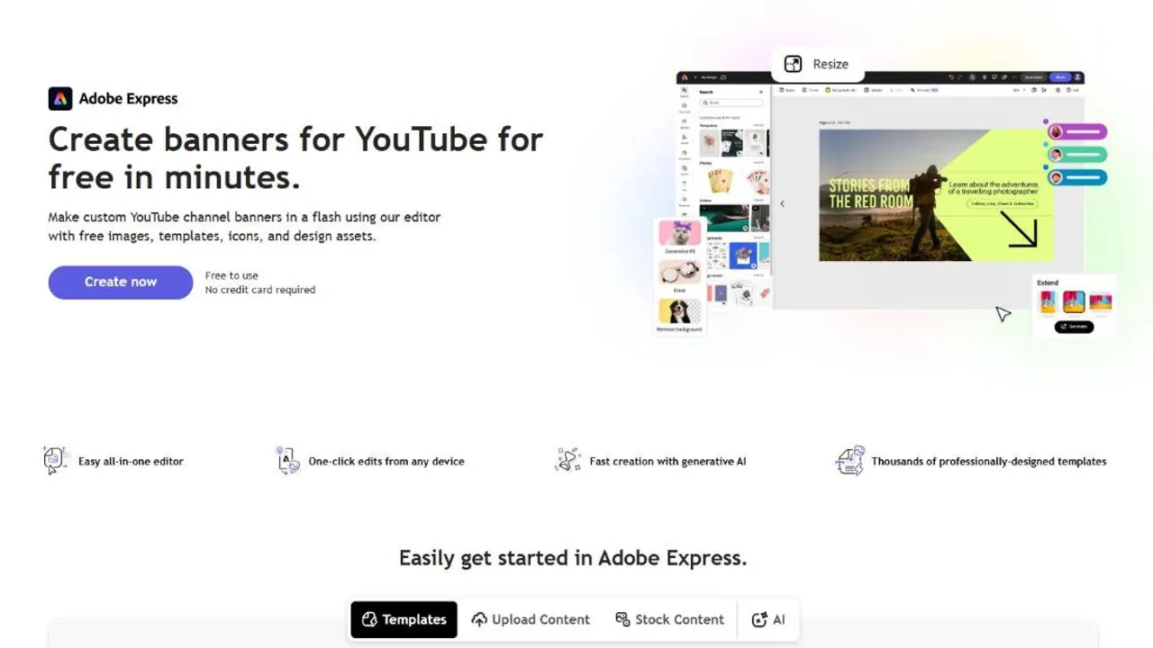 Adobe Express's YouTube banner page, offering banners for free in minutes with no credit card required