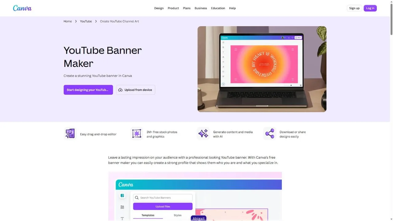 Canva's YouTube banner maker page, with a template open on a laptop and buttons to start designing or upload
