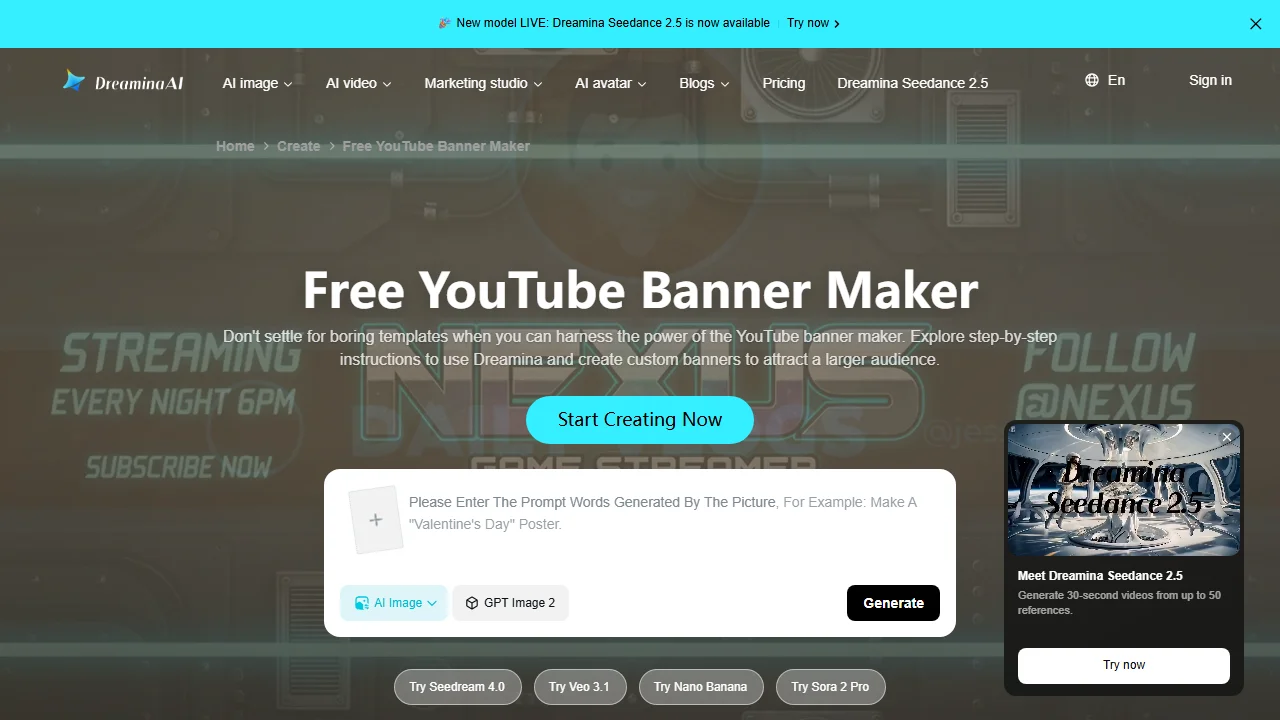 Dreamina's free YouTube banner maker, with a prompt box, a model picker and a Generate button