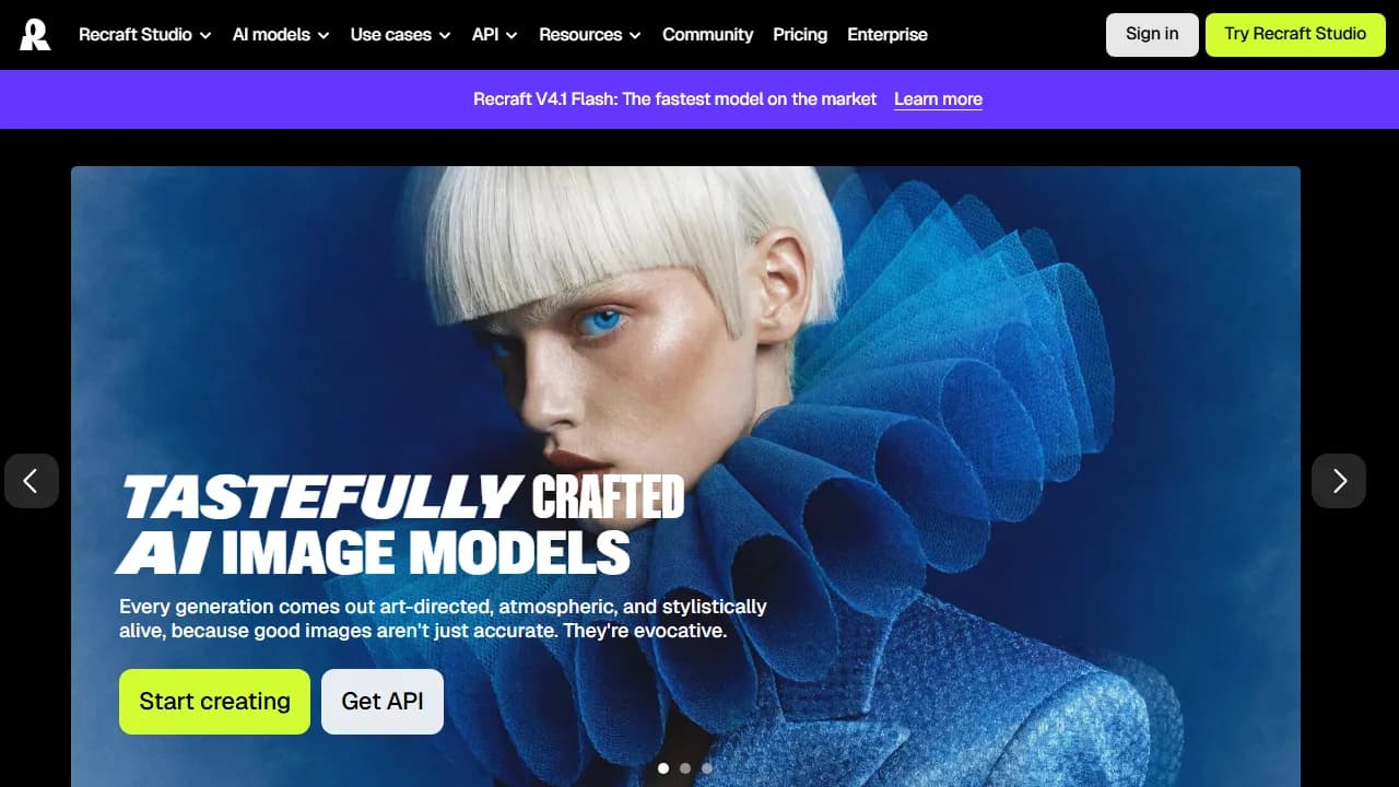 Recraft's homepage, presenting its AI image models with buttons to start creating or get the API