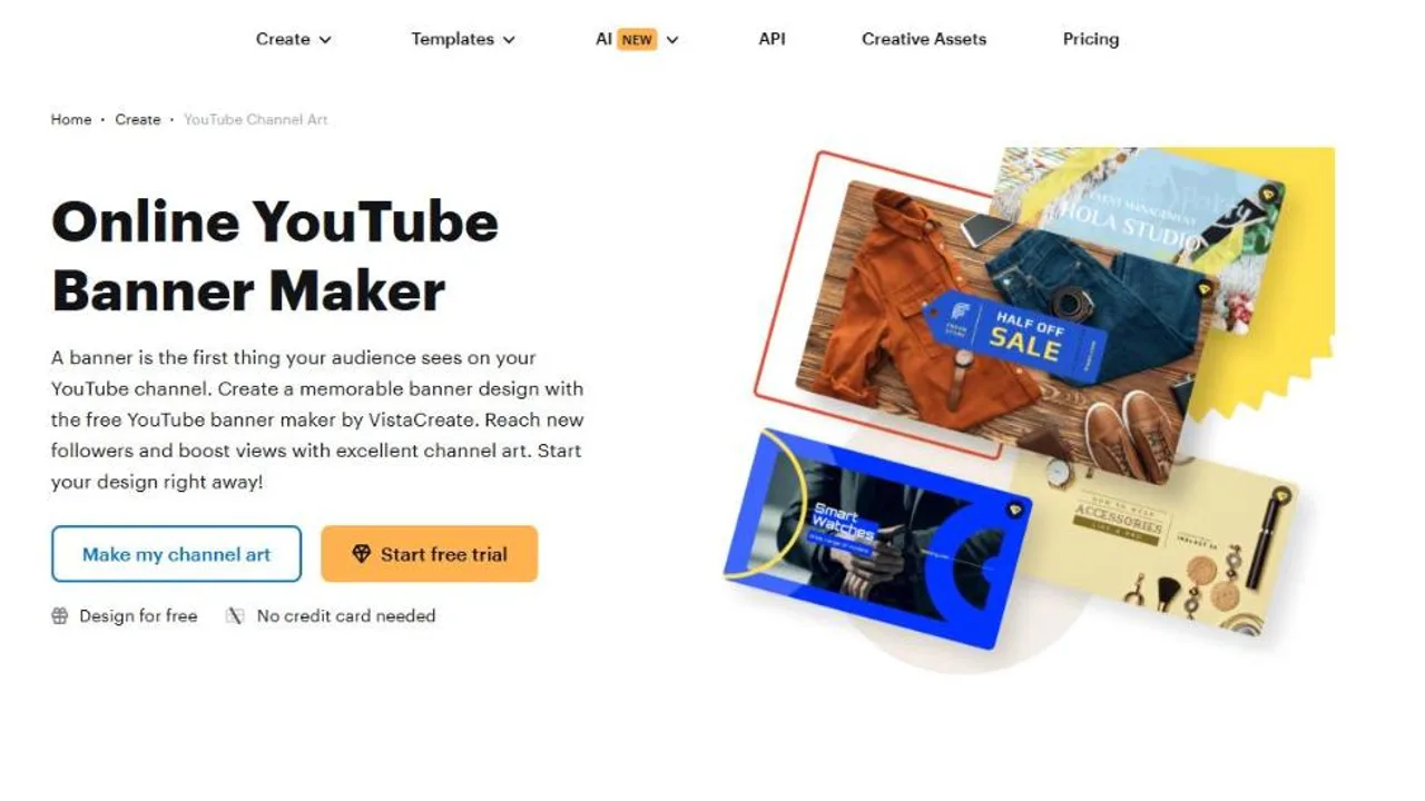 VistaCreate's online YouTube banner maker page, with buttons to make channel art or start a free trial