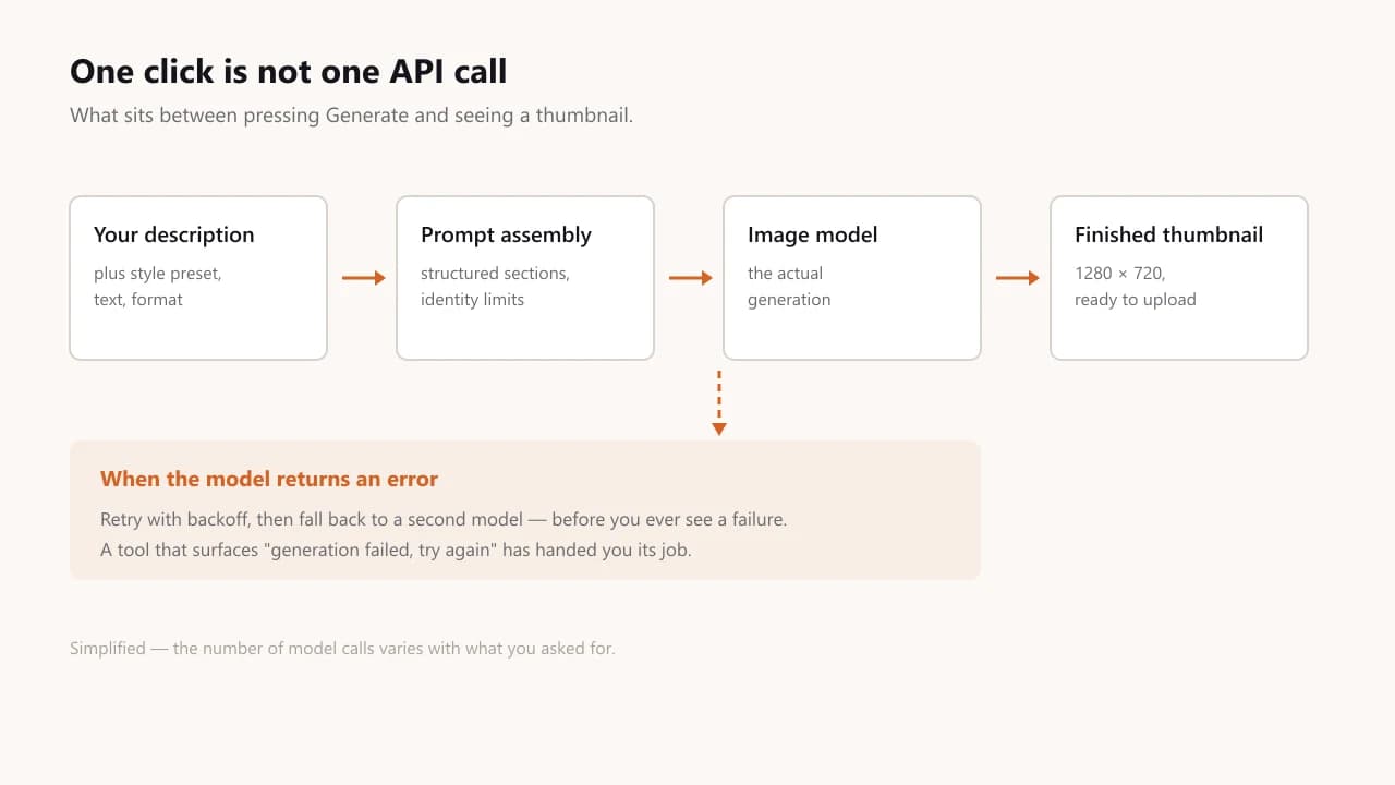 Flow diagram of a single generation request: your description feeds prompt assembly, which feeds the image model, which returns a finished 1280 by 720 thumbnail — with a branch showing that a model error triggers a retry with backoff and a fallback to a second model before any failure reaches you