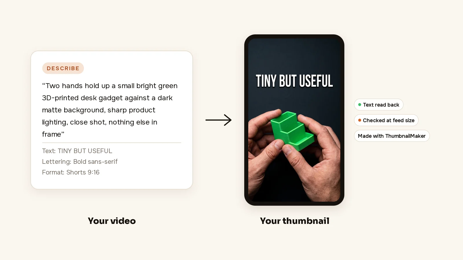 ThumbnailMaker example: a Describe sentence about a green desk gadget and the 9:16 AI Shorts cover it made, TINY BUT USEFUL