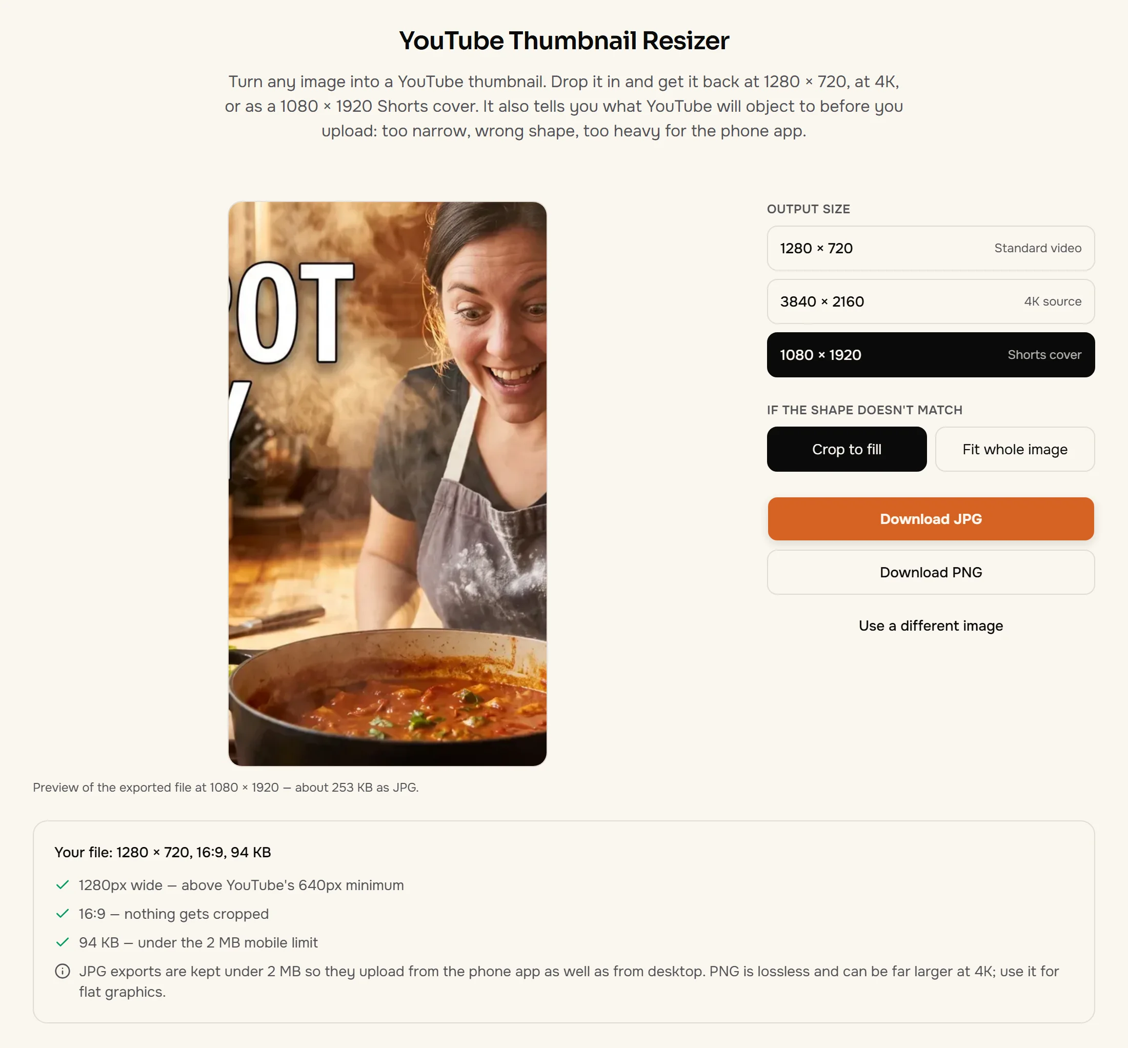 The free YouTube thumbnail resizer set to a 1080 by 1920 Shorts cover, with the checks for height, 9:16 shape and file size