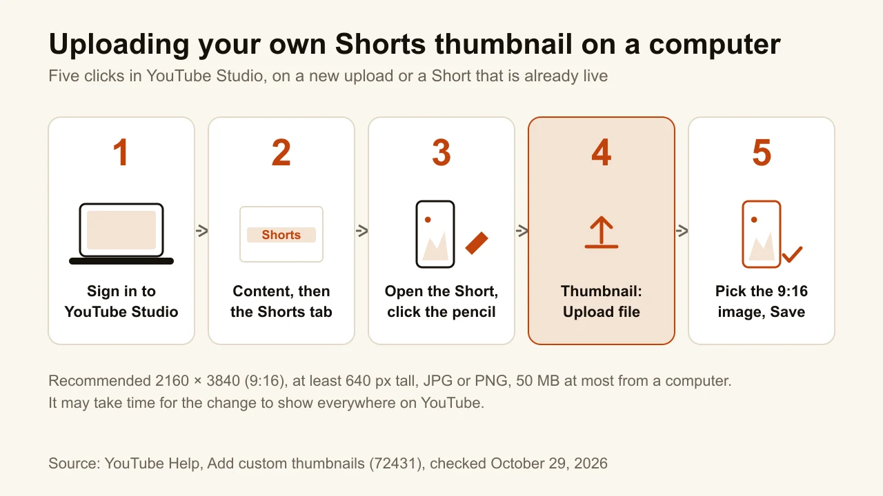 Five YouTube Studio steps on a computer: Content, the Shorts tab, the Short, Thumbnail: Upload file, then Save