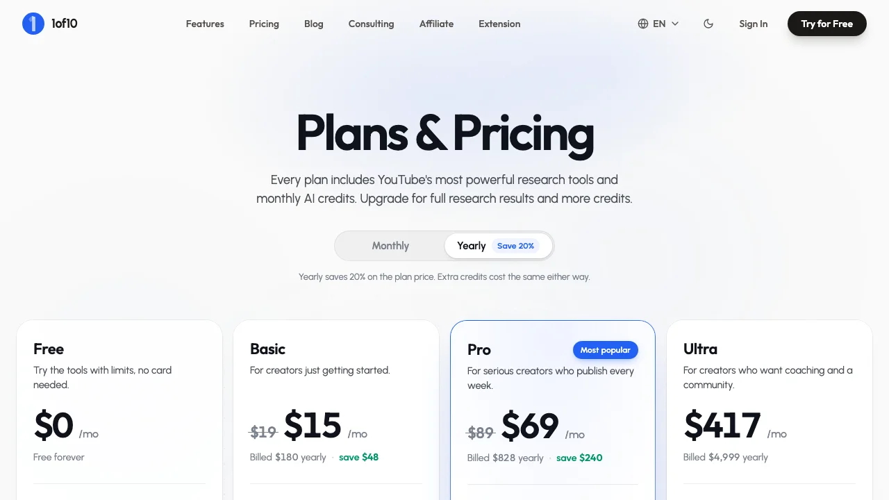 1of10's pricing page, with Free at $0, Basic at $15 and Pro at $69 a month billed yearly
