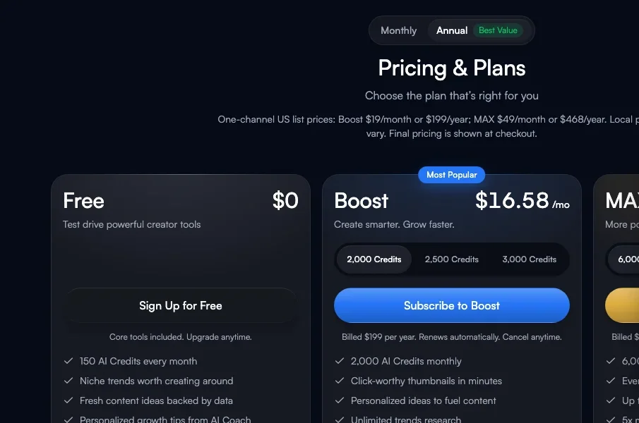 vidIQ's pricing page, with the free plan at $0 and Boost at $16.58 a month billed yearly