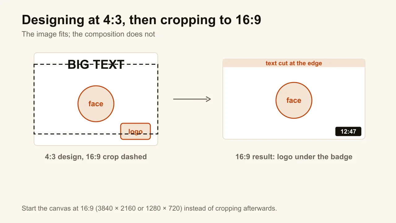 Diagram of a 4:3 thumbnail cropped to 16:9: the headline is cut at the top and a logo ends up under the duration badge