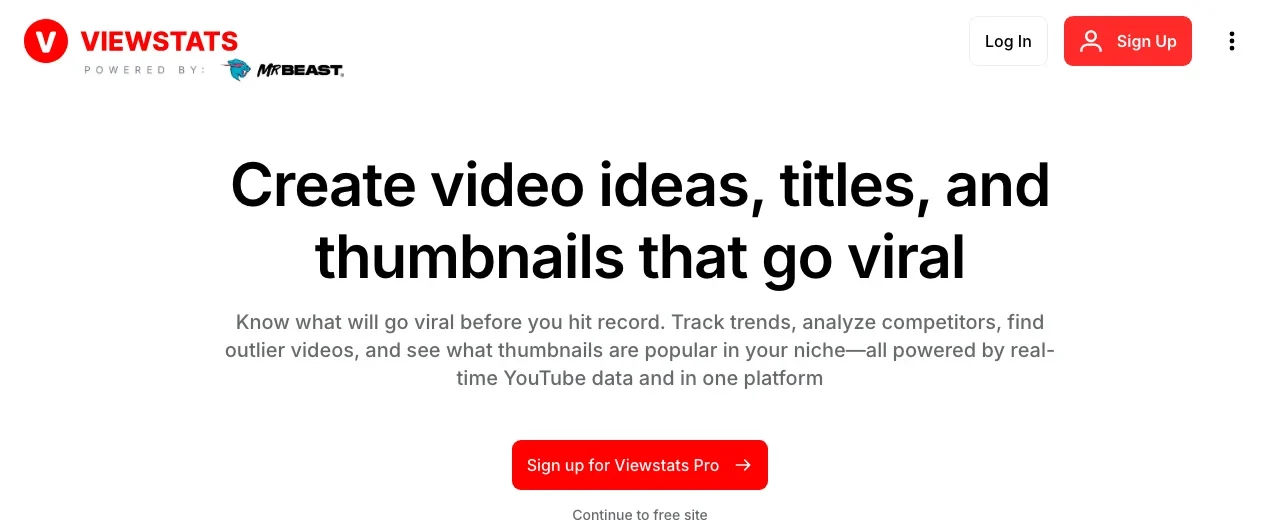 ViewStats' homepage, offering video ideas, titles and thumbnails research built on real-time YouTube data