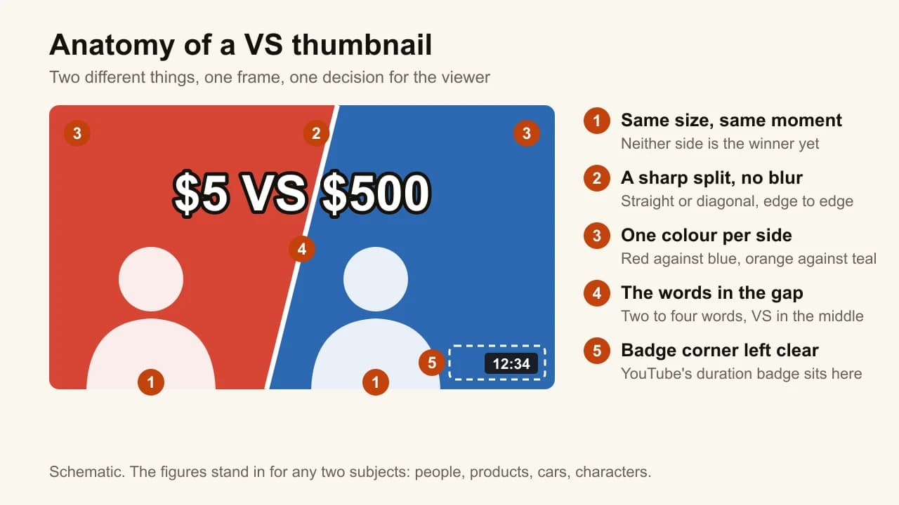VS thumbnail layout: two equal figures on red and blue halves, a diagonal split, $5 VS $500 in the gap, badge corner clear