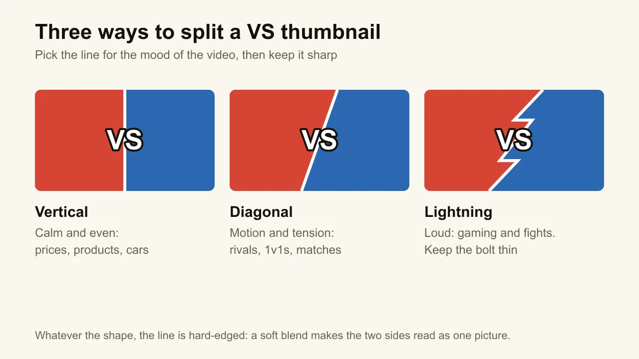 Three VS thumbnail splits side by side: a straight vertical line, a diagonal line and a lightning-bolt zigzag