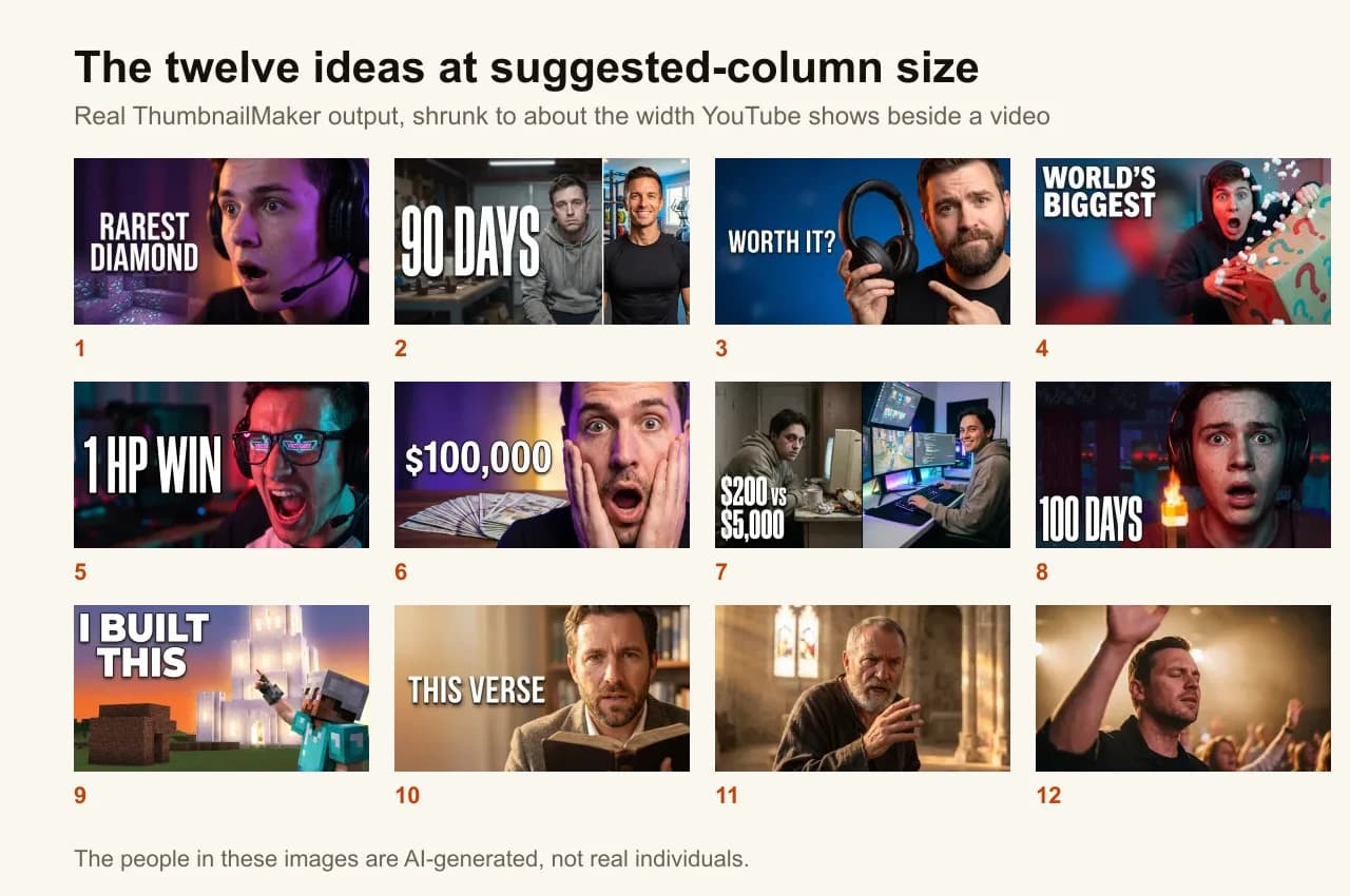 All twelve example YouTube thumbnail ideas side by side, shrunk to about the width of the suggested column