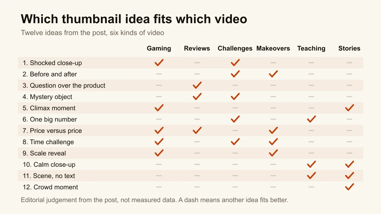 Chart matching the twelve YouTube thumbnail ideas to six kinds of video, from gaming to stories