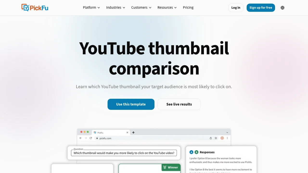 PickFu's YouTube thumbnail comparison template, asking respondents which thumbnail they would click