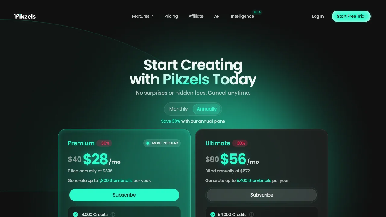 Pikzels' pricing page with the Premium and Ultimate plans on annual billing