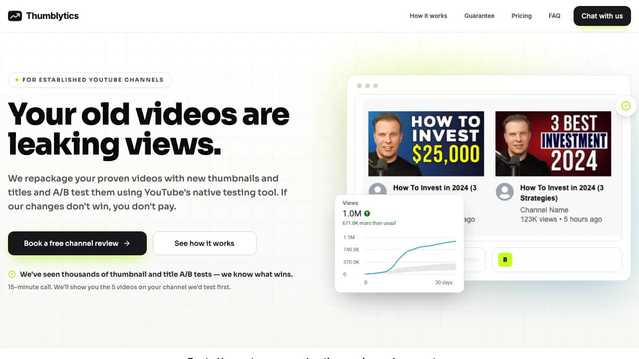 Thumblytics' homepage offering to repackage old videos and A/B test them with YouTube's native tool