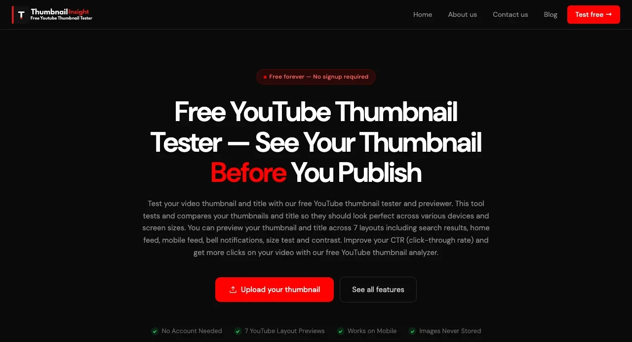 ThumbnailInsight's free YouTube thumbnail tester, with an upload button and seven layout previews