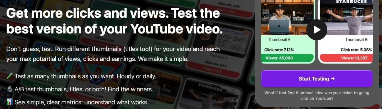 Thumbnail Test's homepage promising hourly or daily tests on thumbnails, titles or both