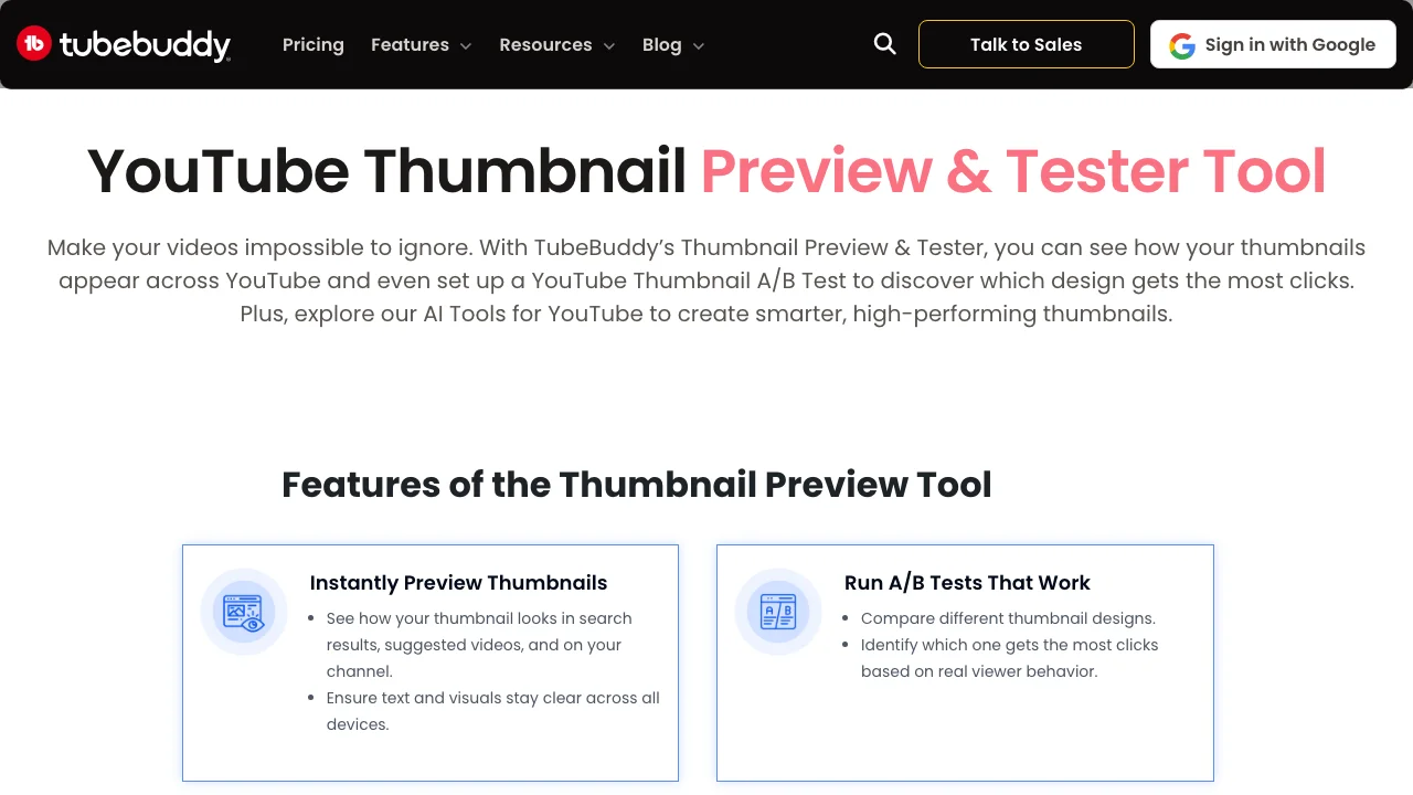 TubeBuddy's Thumbnail Preview and Tester page, offering free previews and a paid A/B test