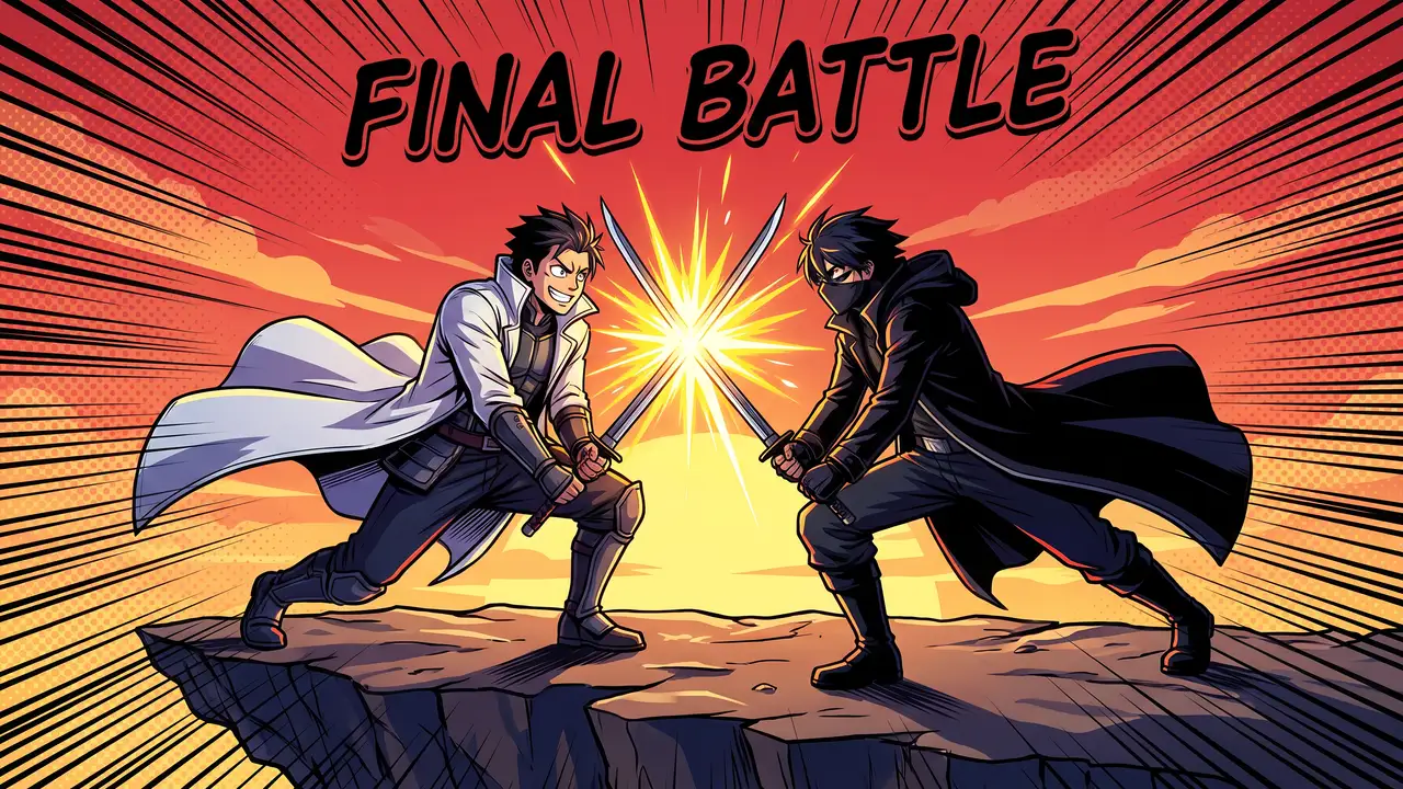 AI-generated anime thumbnail: two swordsmen in white and black coats cross blades on a cliff at a red sunset, FINAL BATTLE