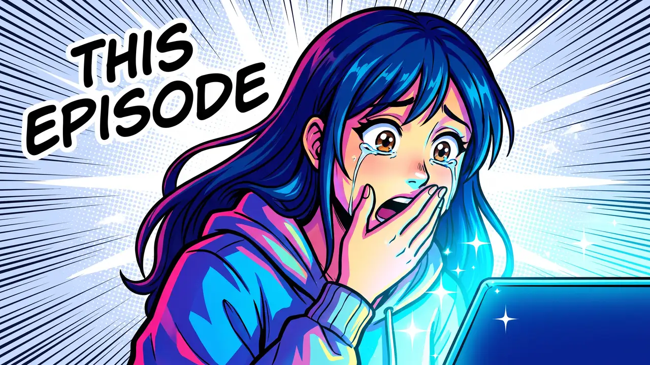 AI-generated anime thumbnail: a blue-haired woman, tearful, covers her mouth in front of a glowing screen, THIS EPISODE