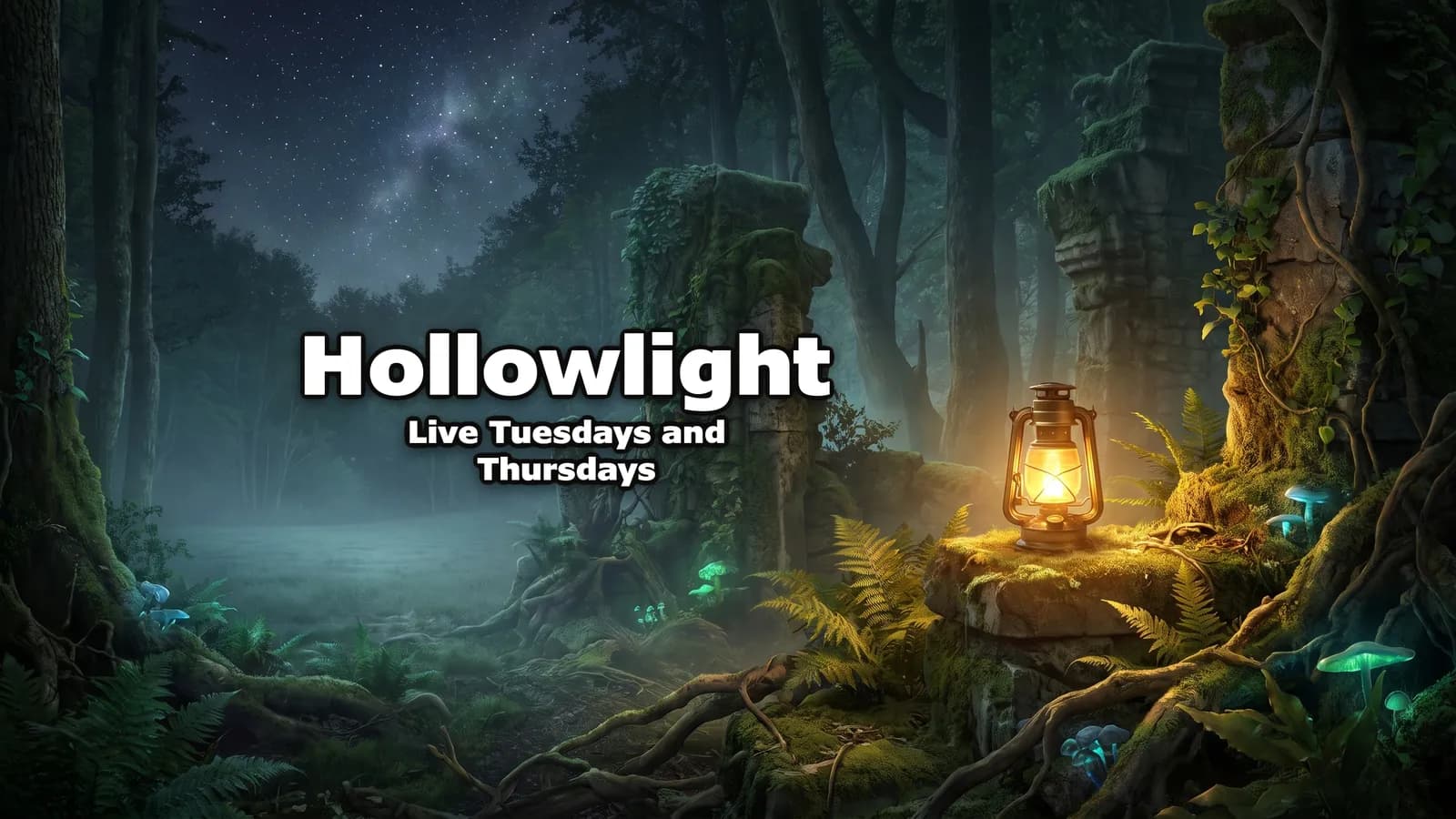 Banner de YouTube generado con IA para un canal de videojuegos inventado: una linterna encendida sobre una roca con musgo, en un bosque de ruinas de piedra de noche, con Hollowlight y Live Tuesdays and Thursdays en blanco