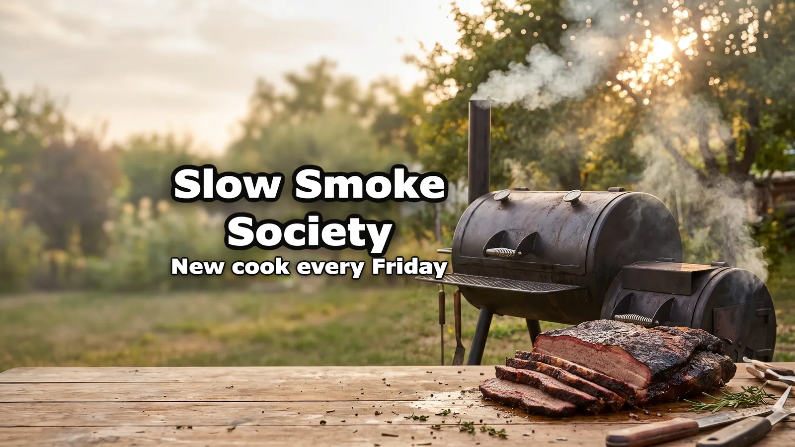 Banner de YouTube generado con IA para un canal de barbacoa inventado: un ahumador horizontal echando humo en un patio soleado, con brisket rebanado sobre una mesa de madera al frente, con Slow Smoke Society y New cook every Friday en blanco