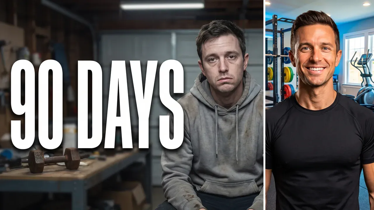 AI-generated thumbnail: the same man slumped in a dim garage, then lean and grinning in a bright gym, with 90 DAYS