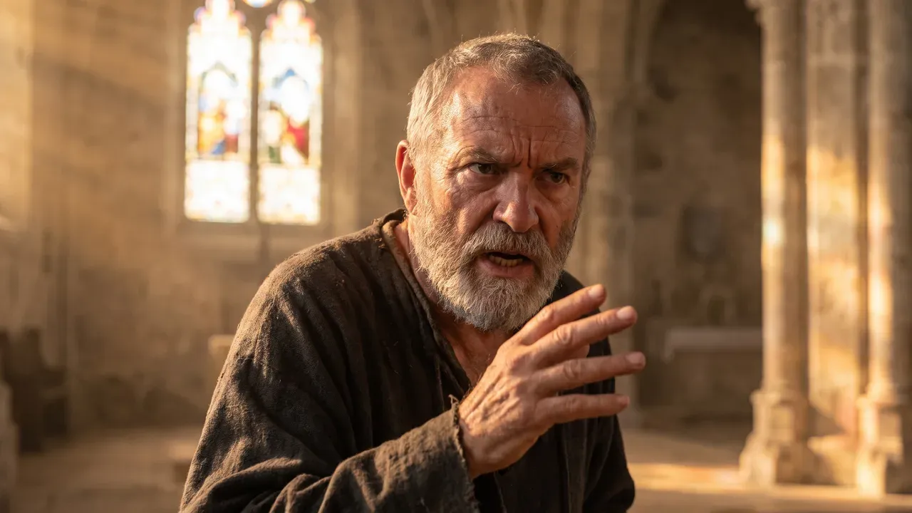AI-generated thumbnail: a grey-bearded preacher gestures mid-sentence in a stone church, stained-glass windows glowing behind