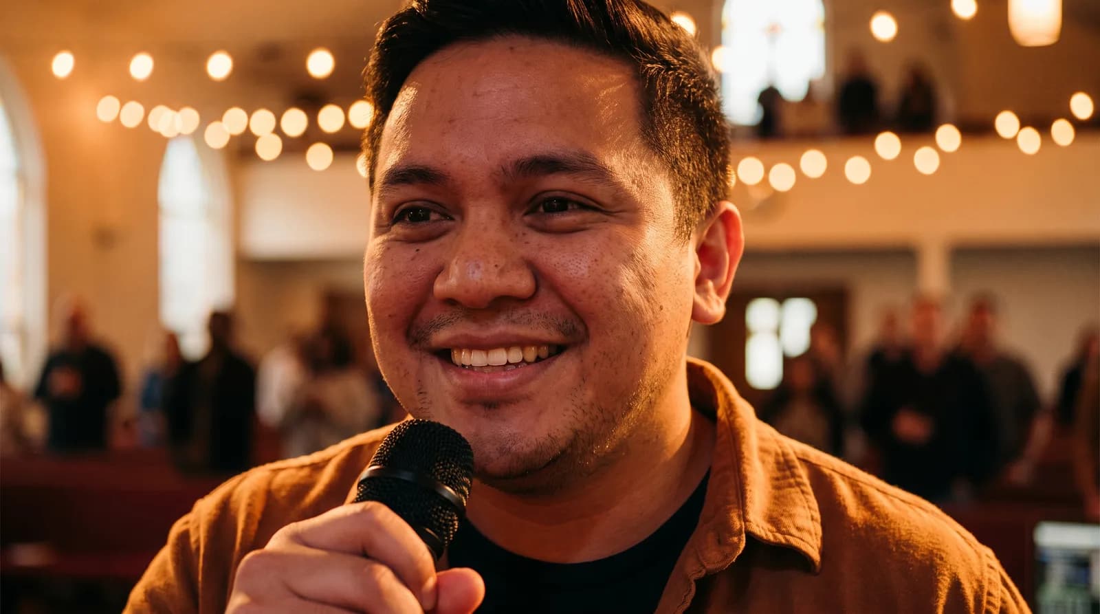 A warm, inviting portrait of a host leading a worship session with soft golden lighting