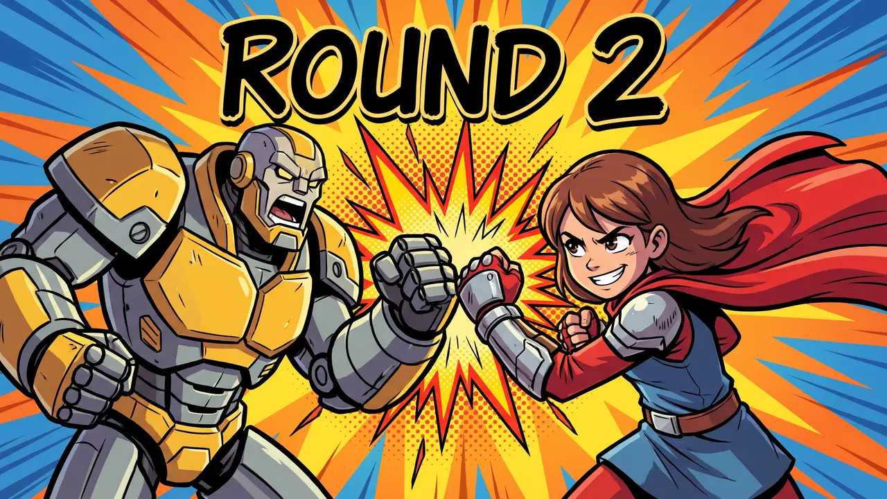 AI-generated anime thumbnail: a yellow armoured robot and a caped girl clash fists in a starburst, ROUND 2 above them