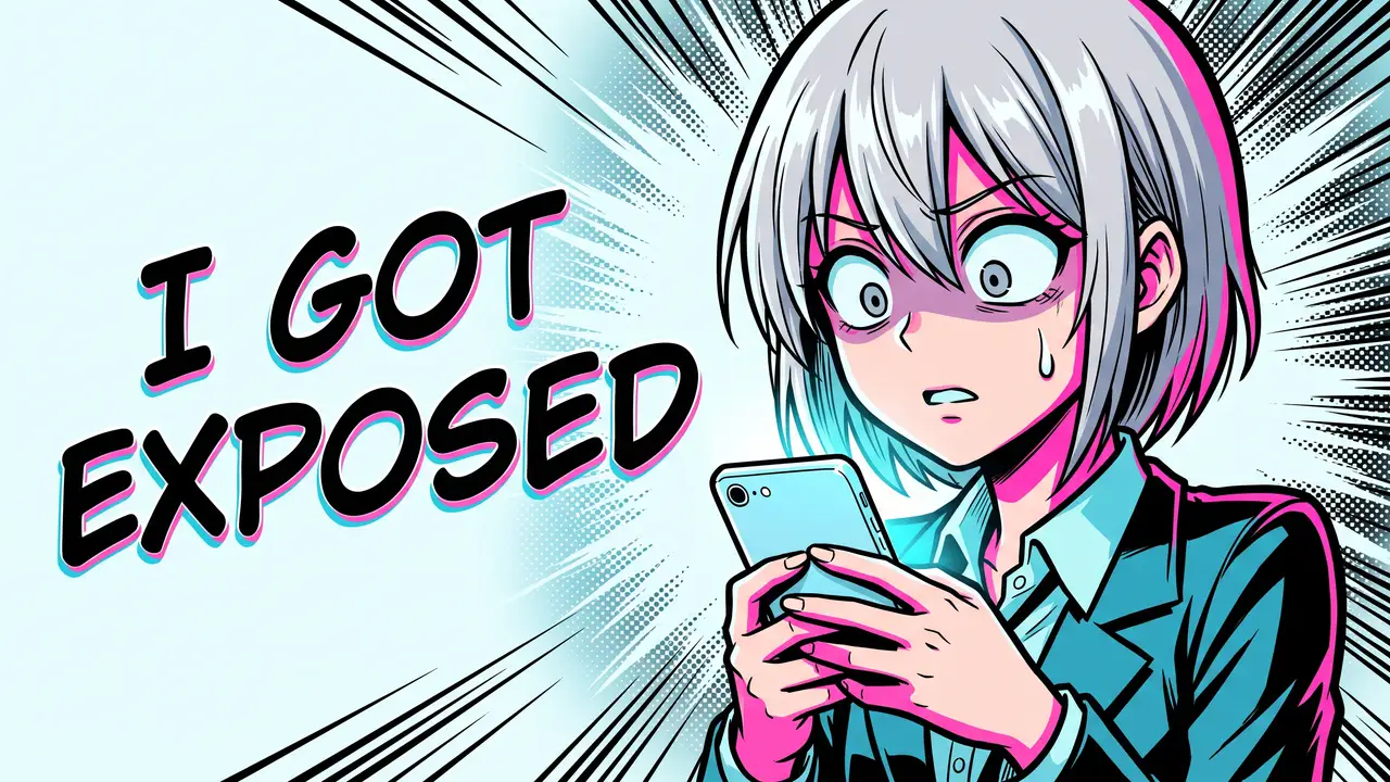 AI-generated anime thumbnail: a silver-haired girl stares at her phone in shock over halftone lines, I GOT EXPOSED