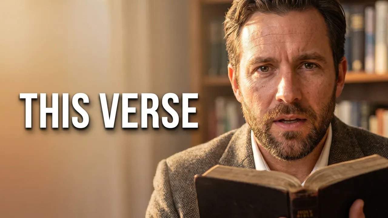 AI-generated thumbnail: a man in a tweed jacket holds an open Bible and speaks to camera in a sunlit study, with THIS VERSE