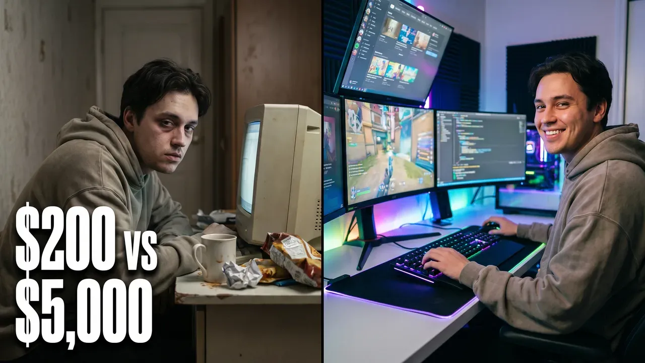 AI-generated thumbnail: a cramped beige-monitor desk on the left, a three-monitor RGB setup on the right, with $200 vs $5,000