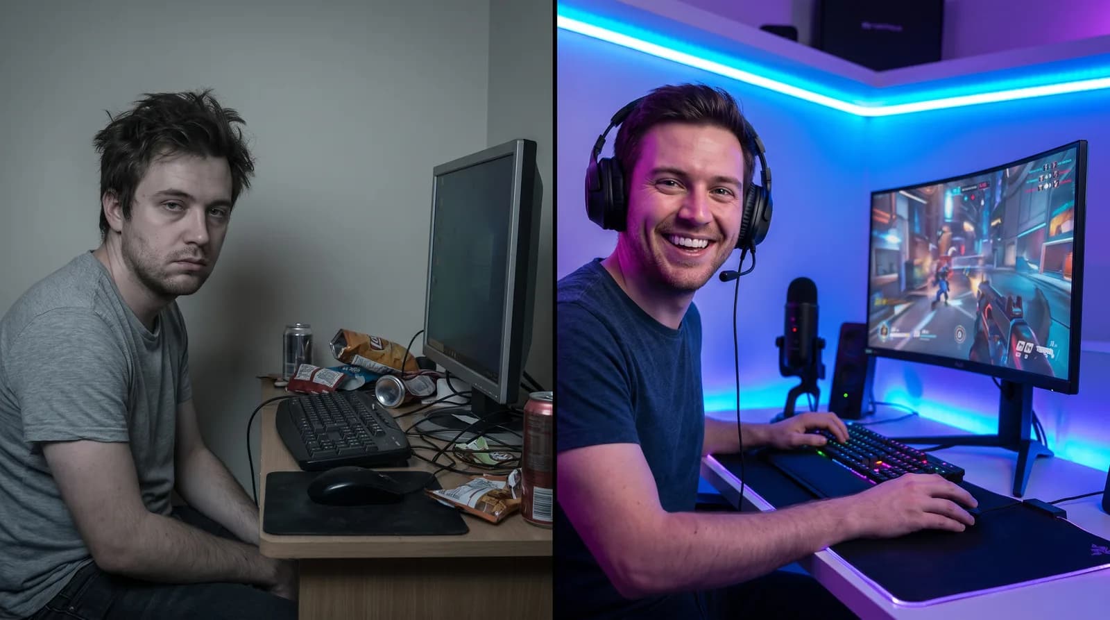 Split comparison of a plain webcam photo next to an AI-generated thumbnail