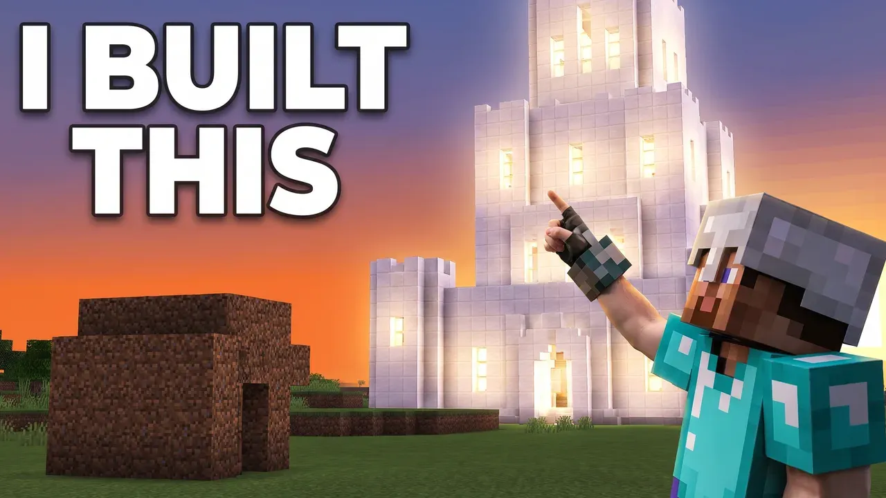 AI-generated thumbnail: a quartz castle at sunset, a small dirt hut in front, a blocky player pointing up, with I BUILT THIS