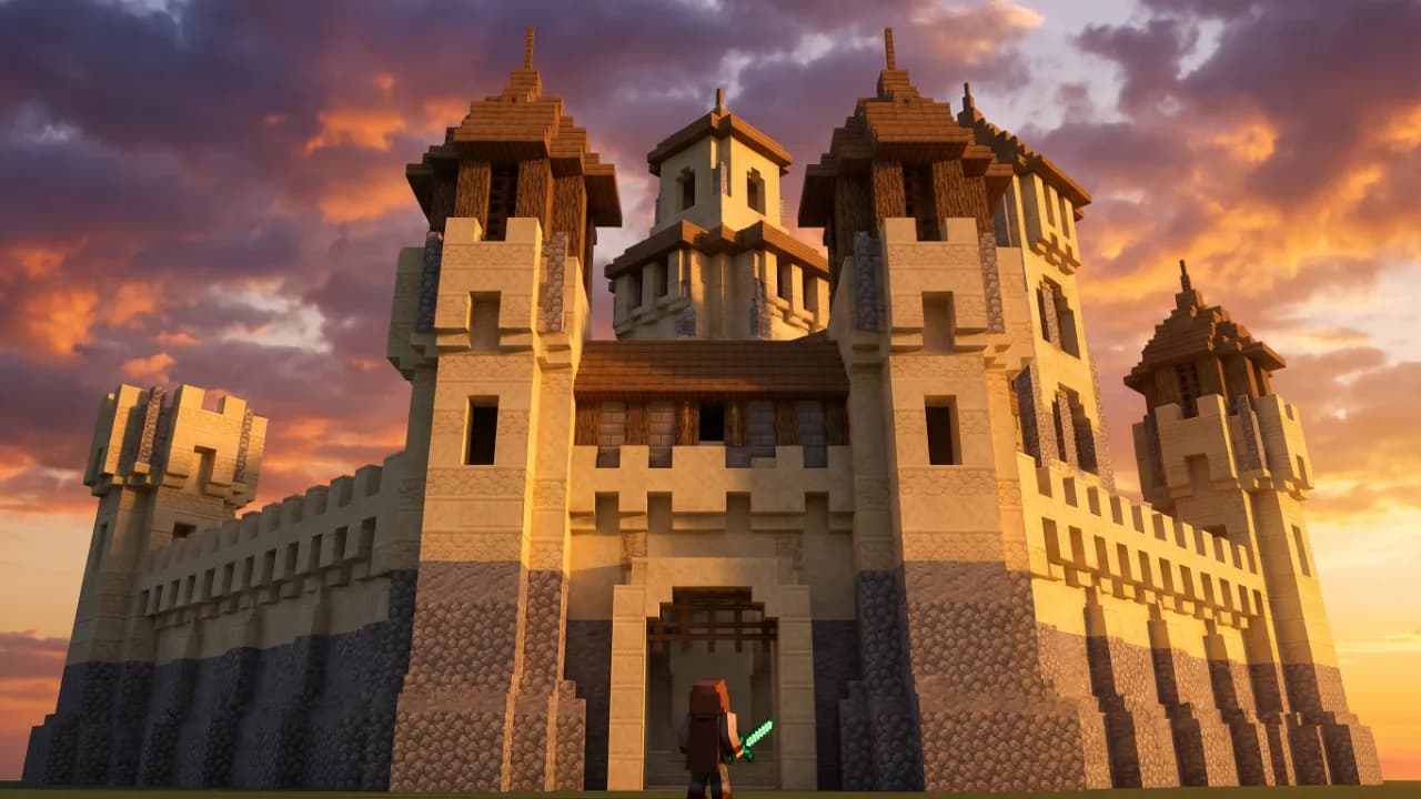 AI-generated thumbnail: a colossal blocky Minecraft castle at golden hour with a small player figure at the gate for scale