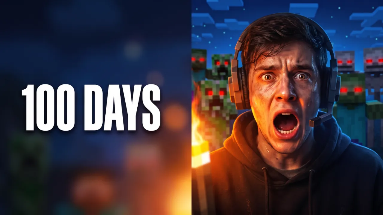 AI-generated thumbnail: a shocked Minecraft player lit by torchlight, creepers and zombies closing in behind, with the words 100 DAYS in heavy condensed capitals across the left