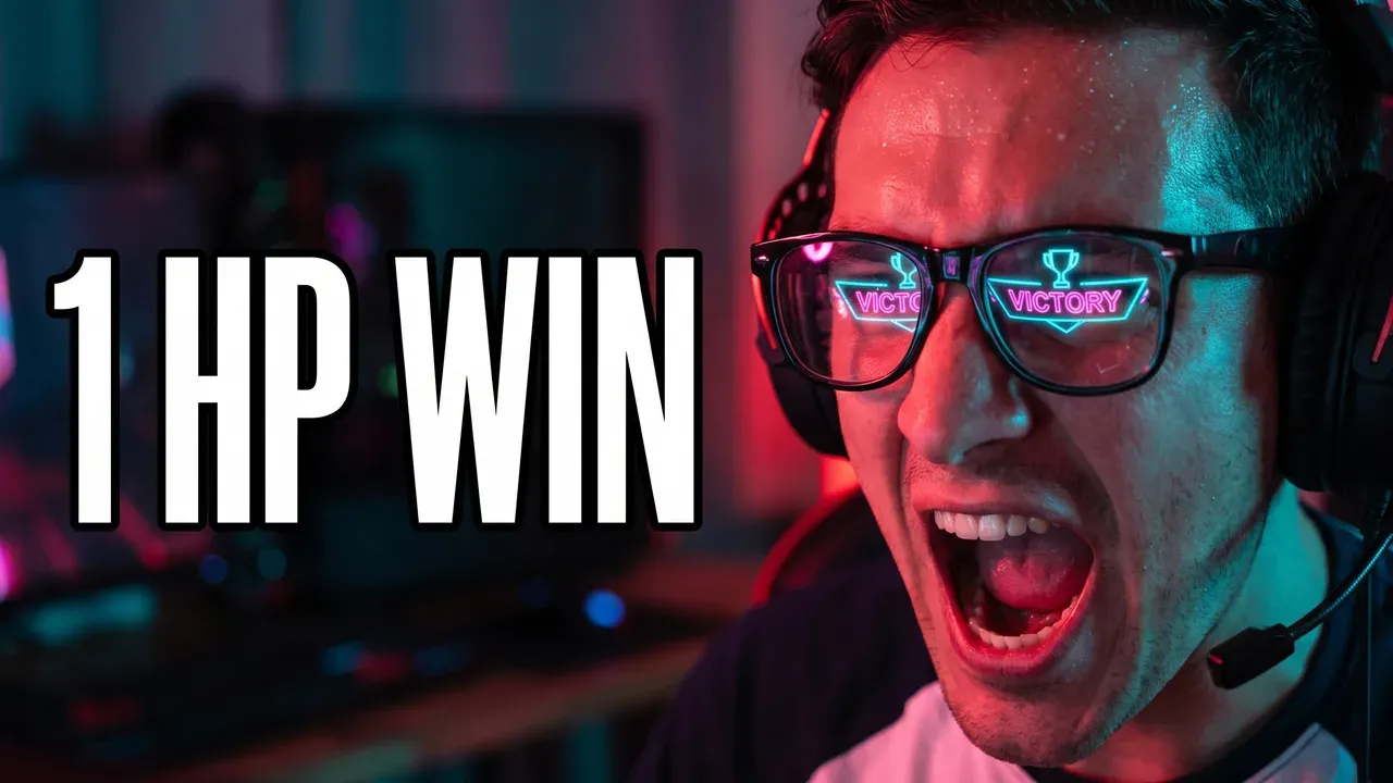 AI-generated thumbnail: a gamer in glasses screams in triumph, a victory banner reflected in both lenses, with 1 HP WIN