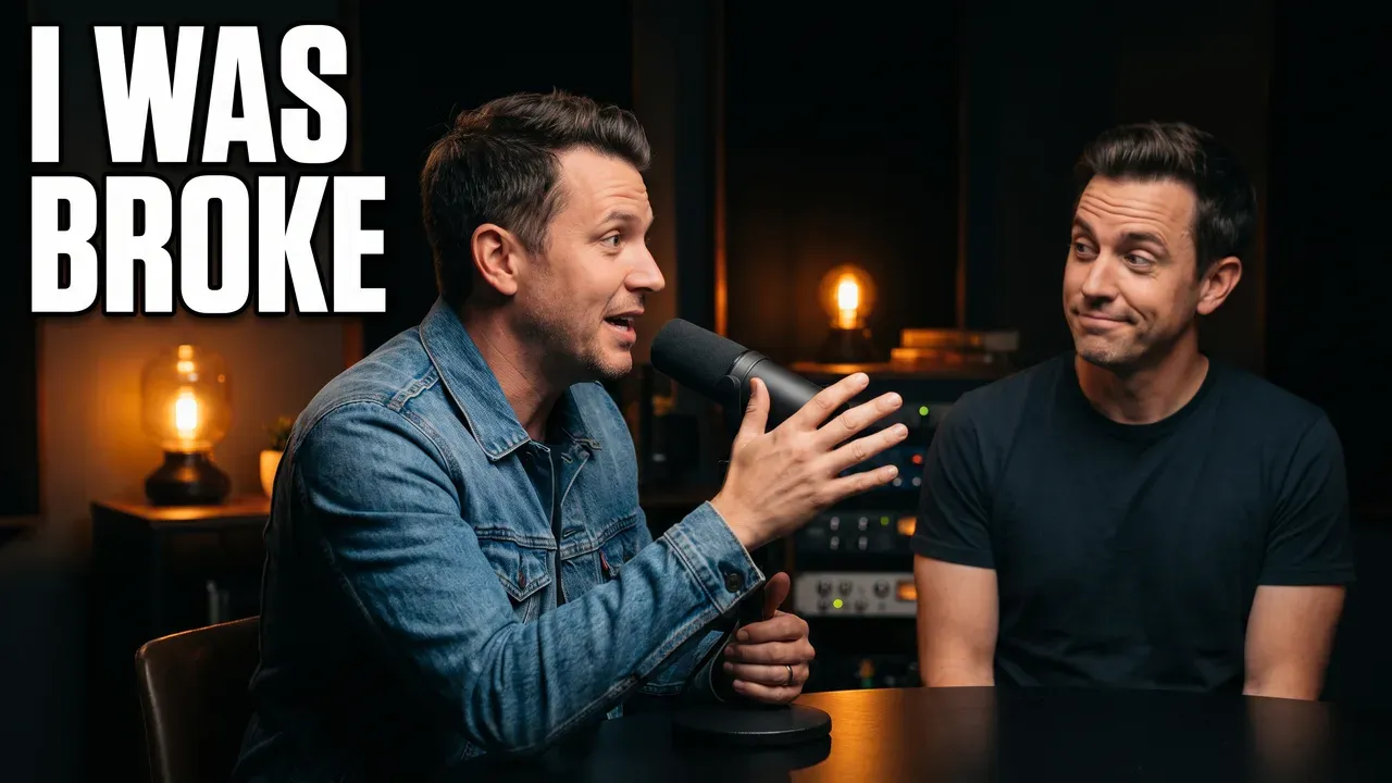 AI-generated podcast thumbnail: a guest in a denim jacket talks into a studio mic while the host listens, with the words I WAS BROKE