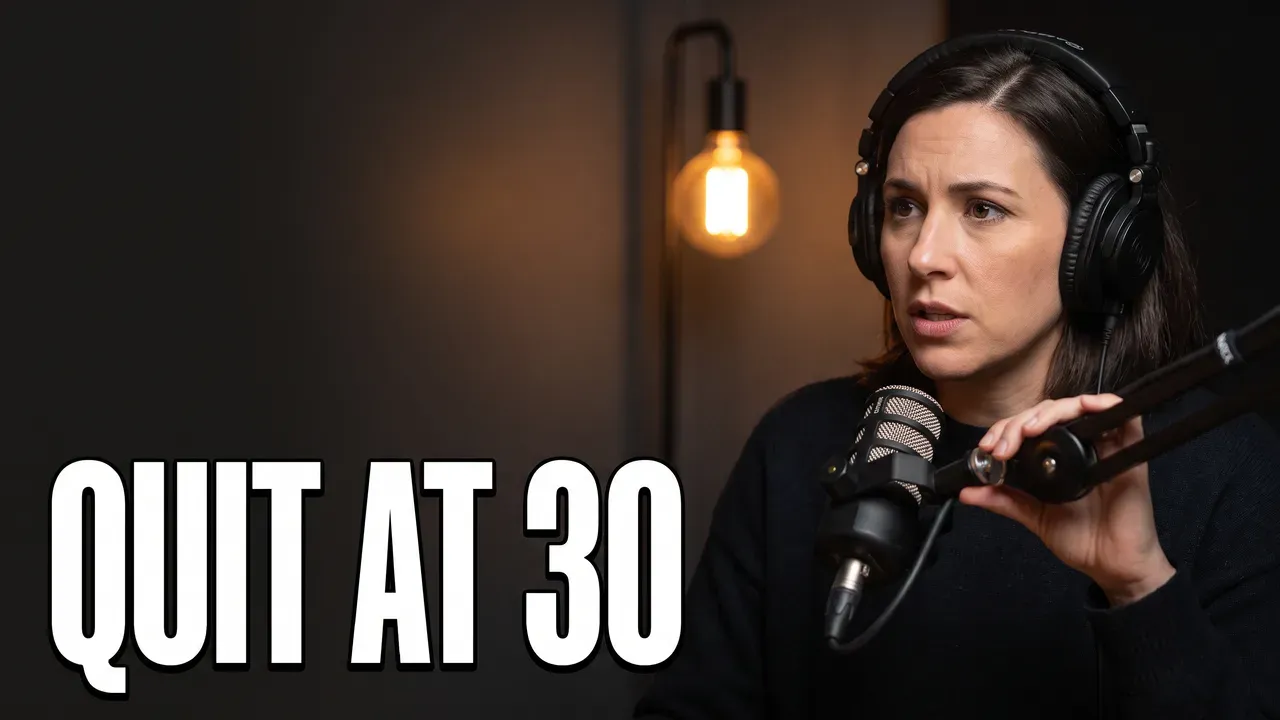 AI-generated podcast thumbnail: a solo host in headphones looks straight at the camera beside a studio mic, with the words QUIT AT 30