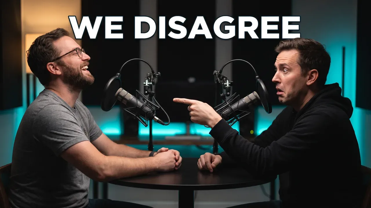 AI-generated podcast thumbnail: two hosts at studio mics face each other, one laughing, one pointing, with the words WE DISAGREE
