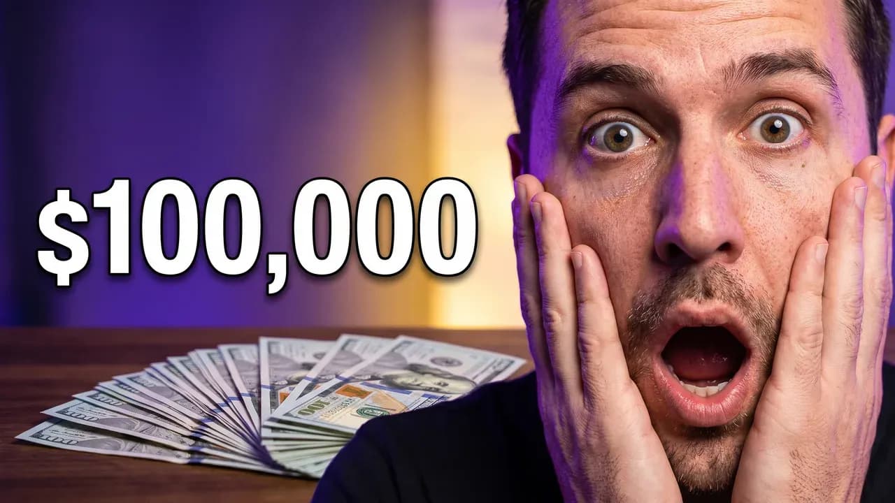 AI-generated thumbnail: a wide-eyed creator, hands on his cheeks, beside a fanned stack of banknotes, with $100,000