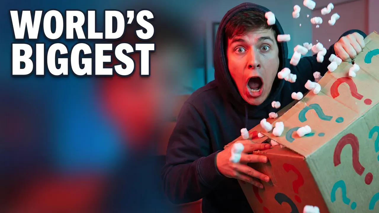 AI-generated thumbnail, used here as the honest kind of bold: a creator in a hoodie tears open a giant box covered in question marks, with the words WORLD'S BIGGEST