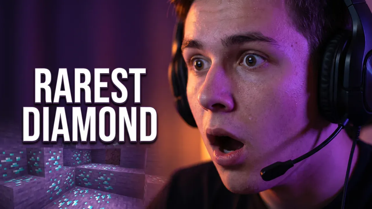AI-generated thumbnail: a gamer in a headset, jaw dropped, lit violet and orange by a cave of diamonds, with RAREST DIAMOND