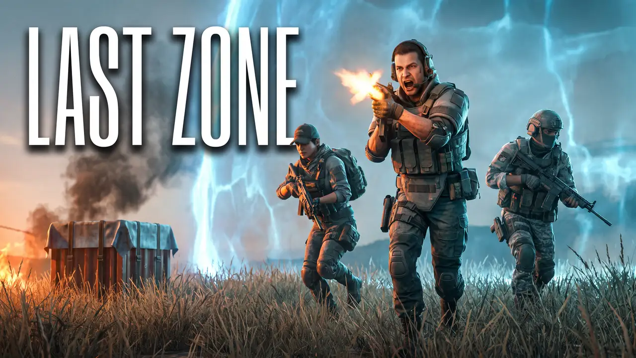 Thumbnail battle royale buatan AI: tiga rekan satu squad berlari di rerumputan saat dinding zona menutup, dengan tulisan LAST ZONE