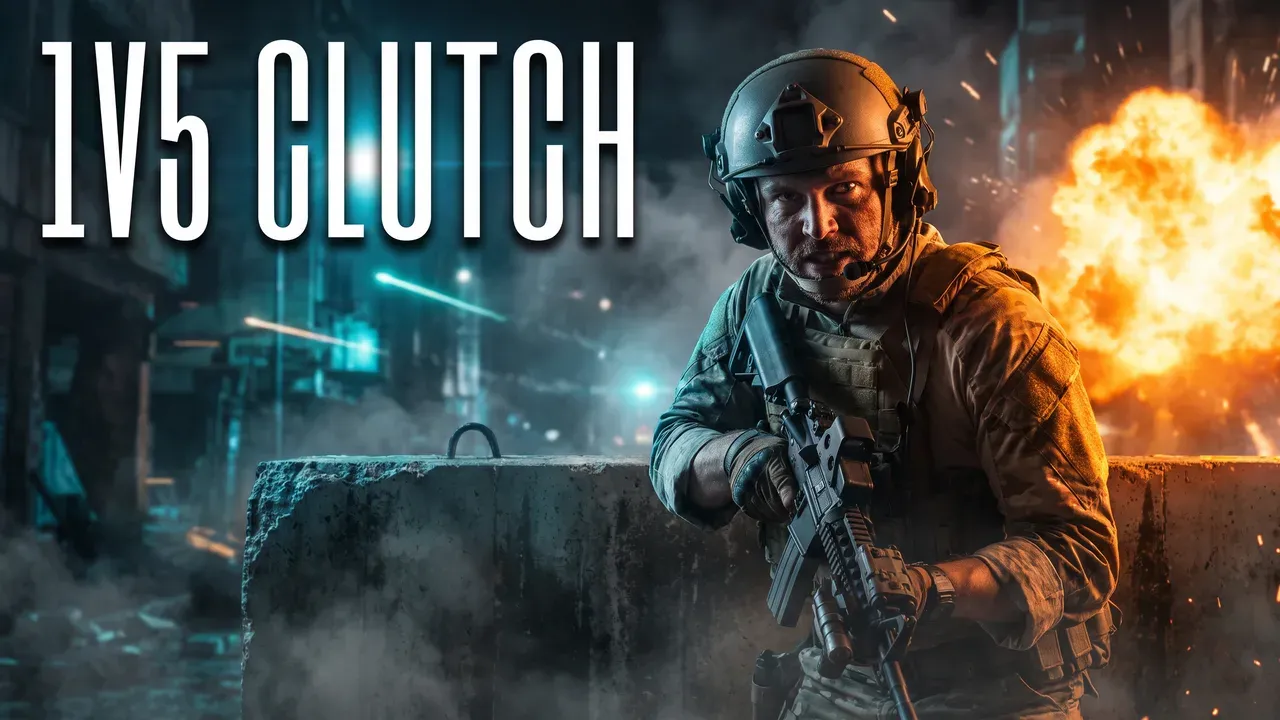 Thumbnail FPS buatan AI: operator berjongkok di balik beton saat ledakan menerangi jalan yang hancur, dengan tulisan 1V5 CLUTCH