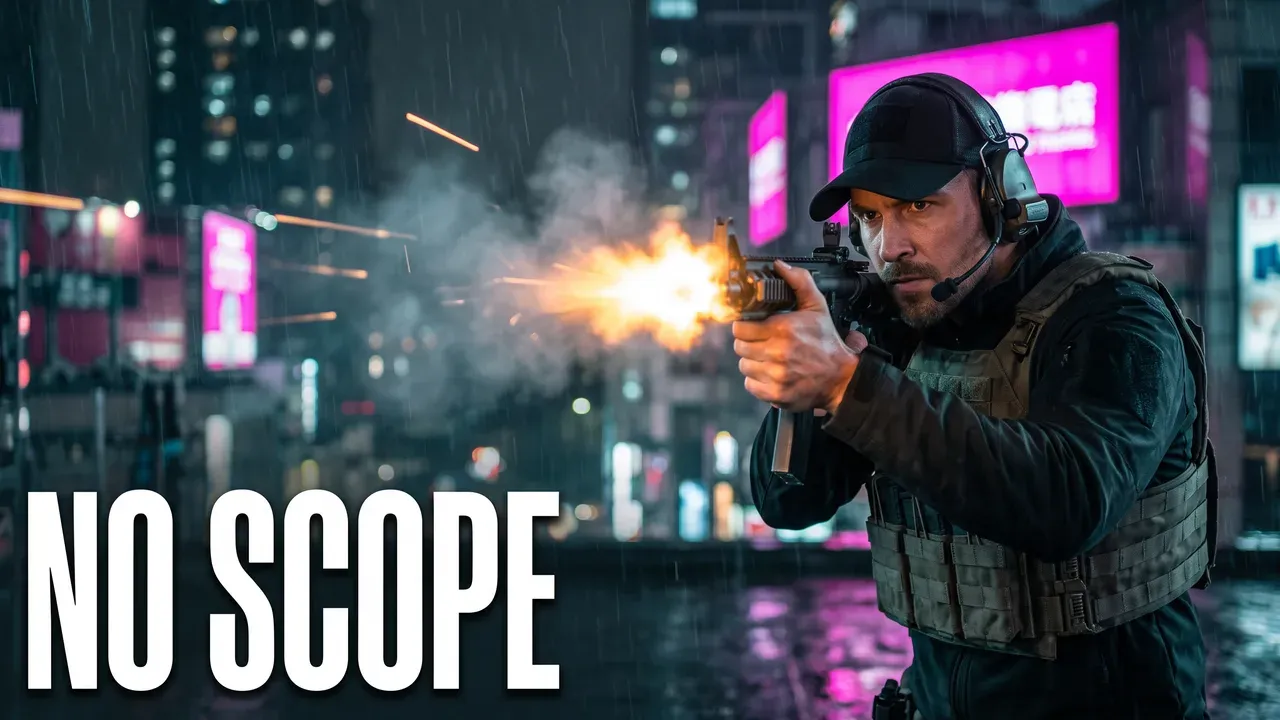 Thumbnail FPS buatan AI: operator menembak dari atap bercahaya neon yang diguyur hujan di malam hari, dengan tulisan NO SCOPE